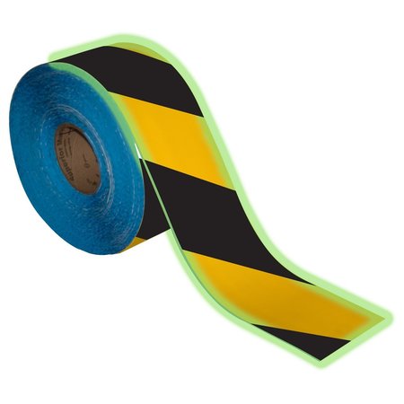 SUPERIOR MARK Floor Marking Tape, GLOW, 4in x 100Ft, Black/Yellow Glow Hazard Stripe IN-90-219I